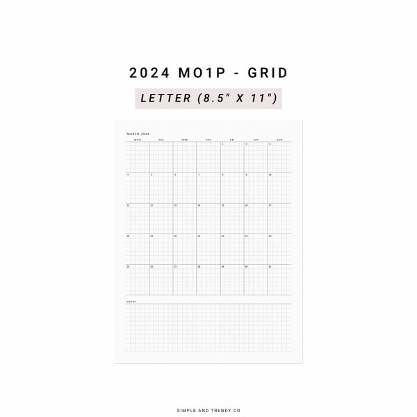 2024 Month on One Page MO1P, US Letter size, Minimalist Monthly Planner Printable, At A Glance Monthly Layout