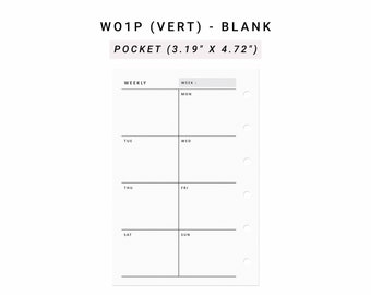 Puede incluir: Una hoja de agenda semanal blanca con texto y líneas negras, con la etiqueta W01P (VERT) - BLANK POCKET (8,1 cm x 11,99 cm). La página presenta un diseño vertical para los días de lunes a domingo y seis perforaciones para encuadernación.
