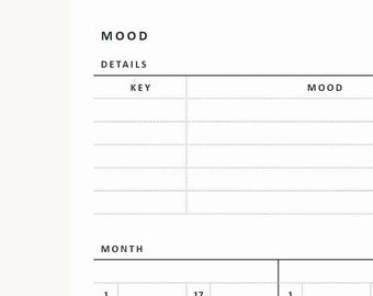 May include: A white paper planner page featuring a section titled MOOD DETAILS with columns for KEY and MOOD. Below this, a section titled MONTH contains a grid with numbered rows starting with 1, 2, 17, and 18 in black sans-serif text.