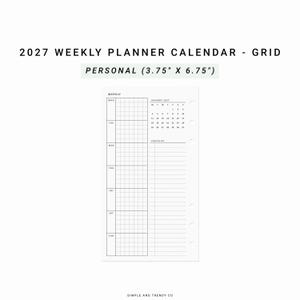 May include: A white 2027 weekly planner calendar grid insert measuring 9.53 cm by 17.15 cm. The page features a vertical weekly layout with a grid section for each day, a monthly calendar for January 2027, and a checklist section.