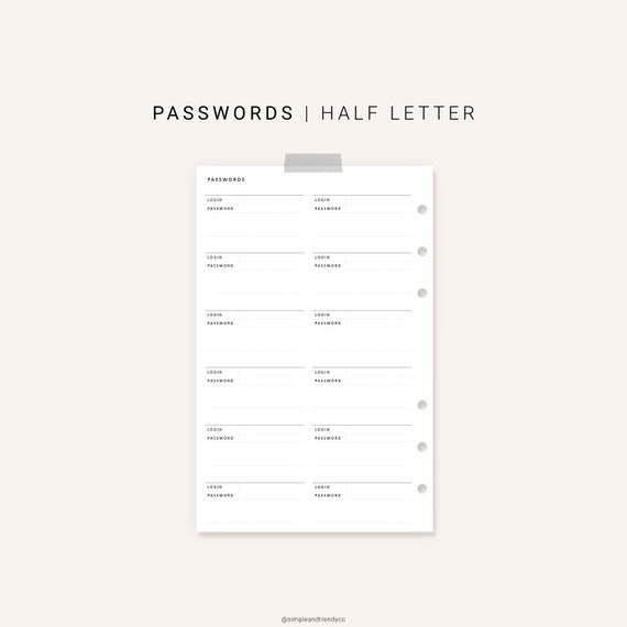 Printable Password Log Half Size Half Letter Inserts Password | Etsy
