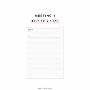 Meeting Notes A5 Planner Inserts, Meeting Agenda Work Planner, Meeting Planner Inserts Printable, Meeting Pages Office Binder