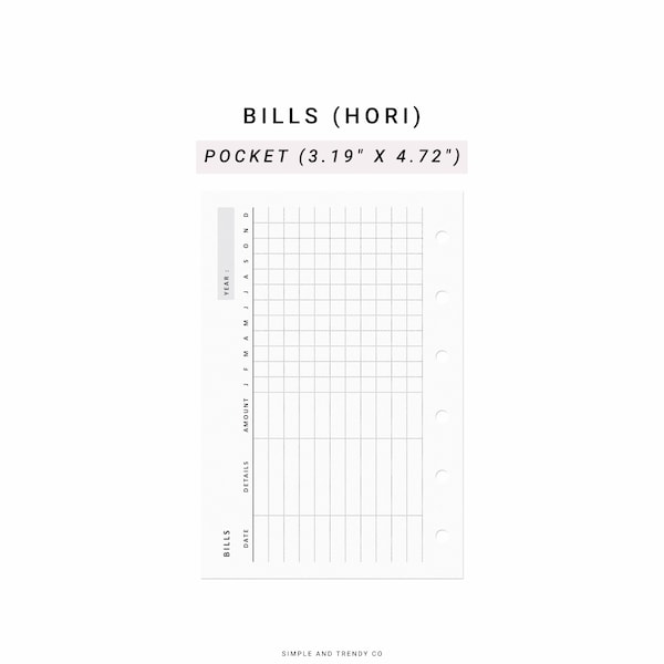 Bill Tracker Horizontal Printable Pocket size, Monthly Bill Payment Tracker, Annual Bill Tracker, Bills Checklist Bill Organizer