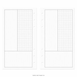 Peut inclure: Deux pages de recharge pour agenda blanches avec une mise en page verticale comprenant une grande section rectangulaire vide &agrave; gauche, une section quadrill&eacute;e &agrave; droite et une section horizontale vide en bas. Chaque page a six trous de reliure. Le texte en bas indique : SIMPLE AND TRENDY CO.