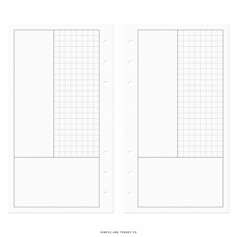 Peut inclure: Deux pages de recharge pour agenda blanches avec une mise en page verticale comprenant une grande section rectangulaire vide &agrave; gauche, une section quadrill&eacute;e &agrave; droite et une section horizontale vide en bas. Chaque page a six trous de reliure. Le texte en bas indique : SIMPLE AND TRENDY CO.