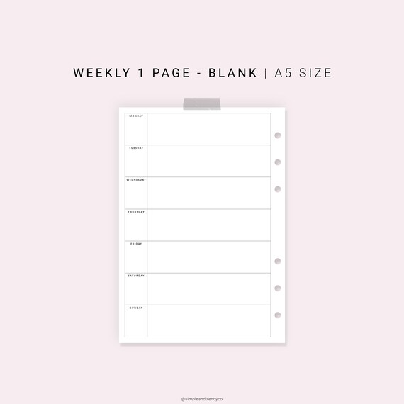 Weekly on One Page Weekly Planner Pages Printable A5 Planner | Etsy