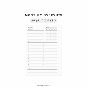 Monthly Overview Printable A6 Inserts, Month on a Page, Month at a Glance, Monthly on 1 Page, Monthly Planner