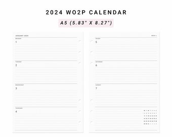 2024 Weekly Planner A5 Planner Inserts, WO2P Calendar