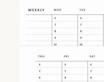 May include: A white weekly planner page with black text and grid lines. The layout features columns for days of the week labeled MON, TUE, THU, FRI, and SAT, each containing hourly time slots numbered 6 through 10 with dotted horizontal lines.