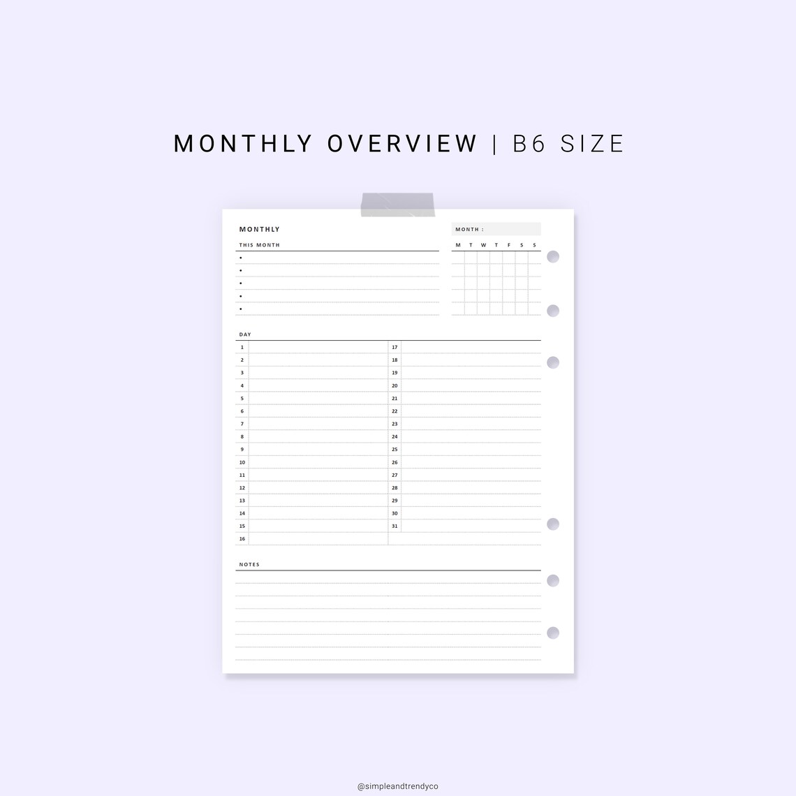 Monthly Overview Printable B6 Size Month on a Page Month at | Etsy Canada