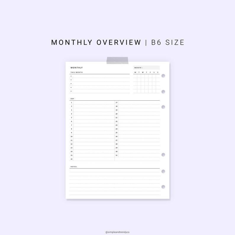 Monthly Overview Printable B6 Size Month on a Page Month at | Etsy Canada