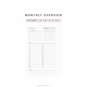 Monthly Overview Printable Pocket Size, Month on a Page, Month at a ...