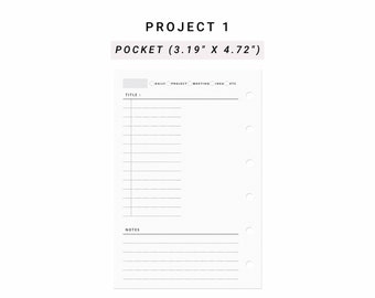 May include: A white planner insert page labeled PROJECT 1 POCKET (3.19" X 4.72"). The page features a header with checkboxes for DAILY, PROJECT, MEETING, IDEA, ETC, a TITLE line, a vertical list of horizontal lines, and a NOTES section with lines.