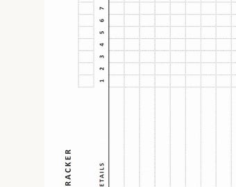 May include: A white paper tracker sheet featuring a grid layout with black lines. The left side includes the text TRACKER and DETAILS. A vertical column contains seven numbered boxes from 1 to 7, aligned with a grid of vertical and horizontal lines.