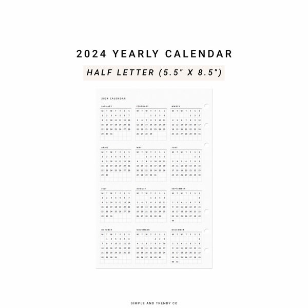 2024 Calendar Half size Half Letter Inserts, 2024 Year At A Glance, 2024 Yearly Calendar Refills