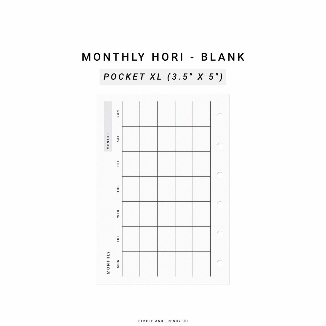 Month on One Page Horizontal Printable MO1P Pocket XL - Etsy