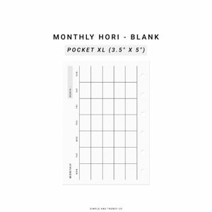 Month on One Page Horizontal Printable MO1P Pocket XL