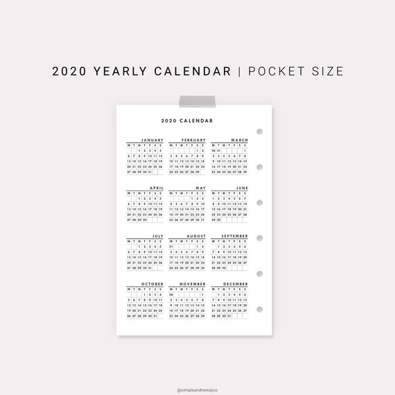 Pocket size Calendar Printable 2020 Calendar Sunday Monday | Etsy