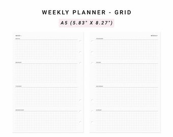 May include: A white A5 weekly planner grid insert measuring 5.83 inches by 8.27 inches. The layout features two pages with six binder holes on the inner edges, grid paper sections for each day of the week, and headers for notes and weekly planning.