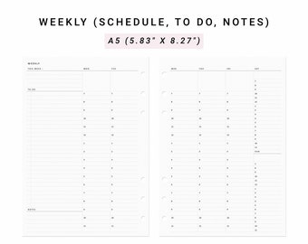Vertical Weekly Planner A5 Planner Inserts, Undated Weekly Agenda Planner, Weekly Daily Planner Template, Weekly Schedule Template