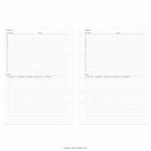 Pu&ograve; includere: Due pagine di agenda bianche con testo e linee nere. Ogni pagina presenta un programma giornaliero dalle 7 alle 10, una sezione note e un'area attivit&agrave; con simboli per completato, inoltrato, eliminato, delegato e in corso.