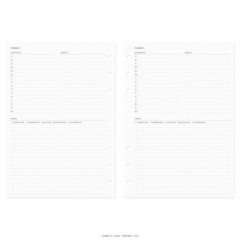 Pu&ograve; includere: Due pagine di agenda bianche con testo e linee nere. Ogni pagina presenta un programma giornaliero dalle 7 alle 10, una sezione note e un'area attivit&agrave; con simboli per completato, inoltrato, eliminato, delegato e in corso.