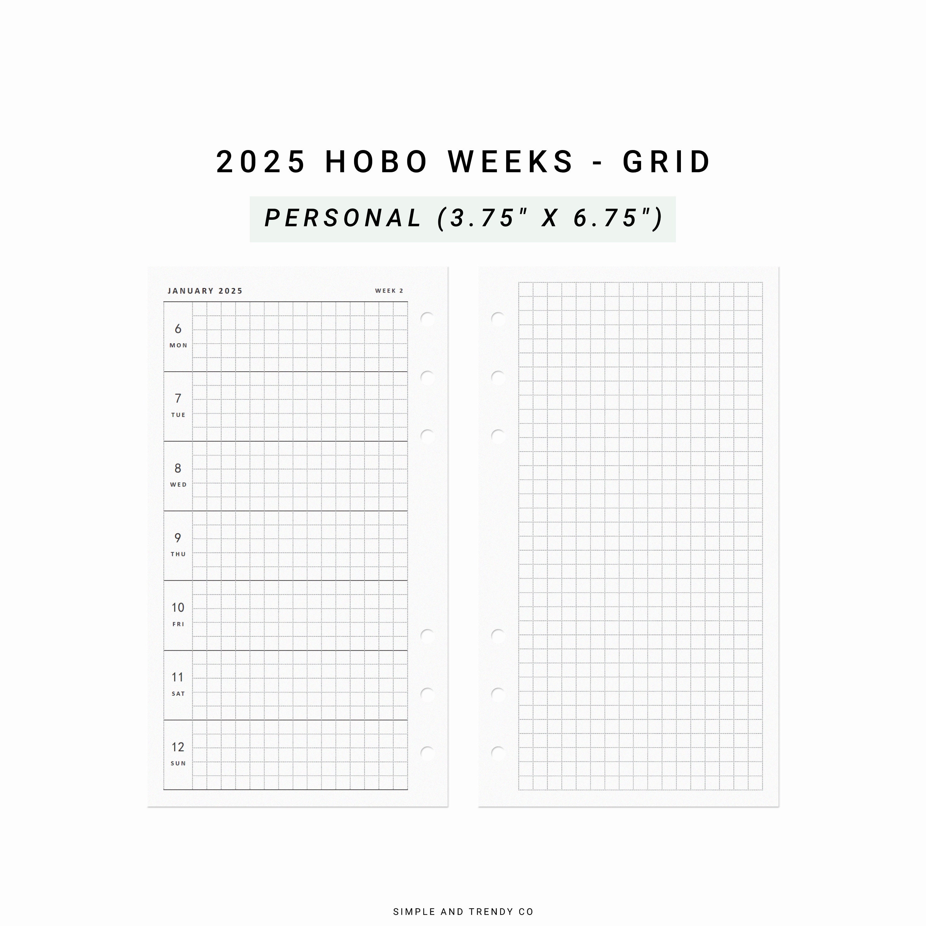 2025 Hobo Weeks Grid Personal Planner Inserts, Weekly Planner, Printable WO2P