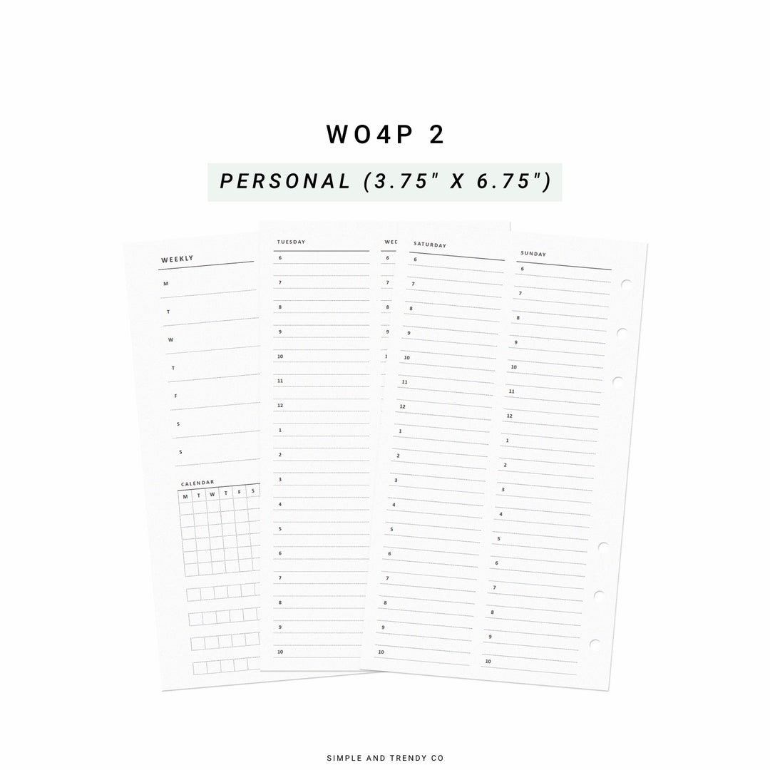 Week on 4 Pages Personal Planner Inserts, WO4P, Weekly Schedule