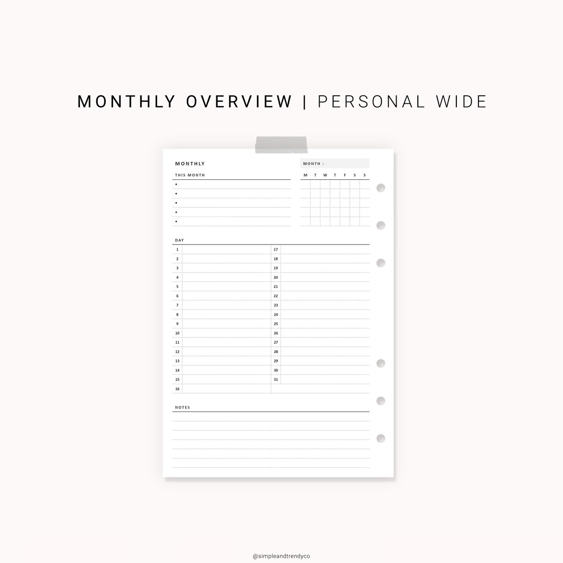 Monthly Overview Printable Personal Wide Month On A Page Etsy