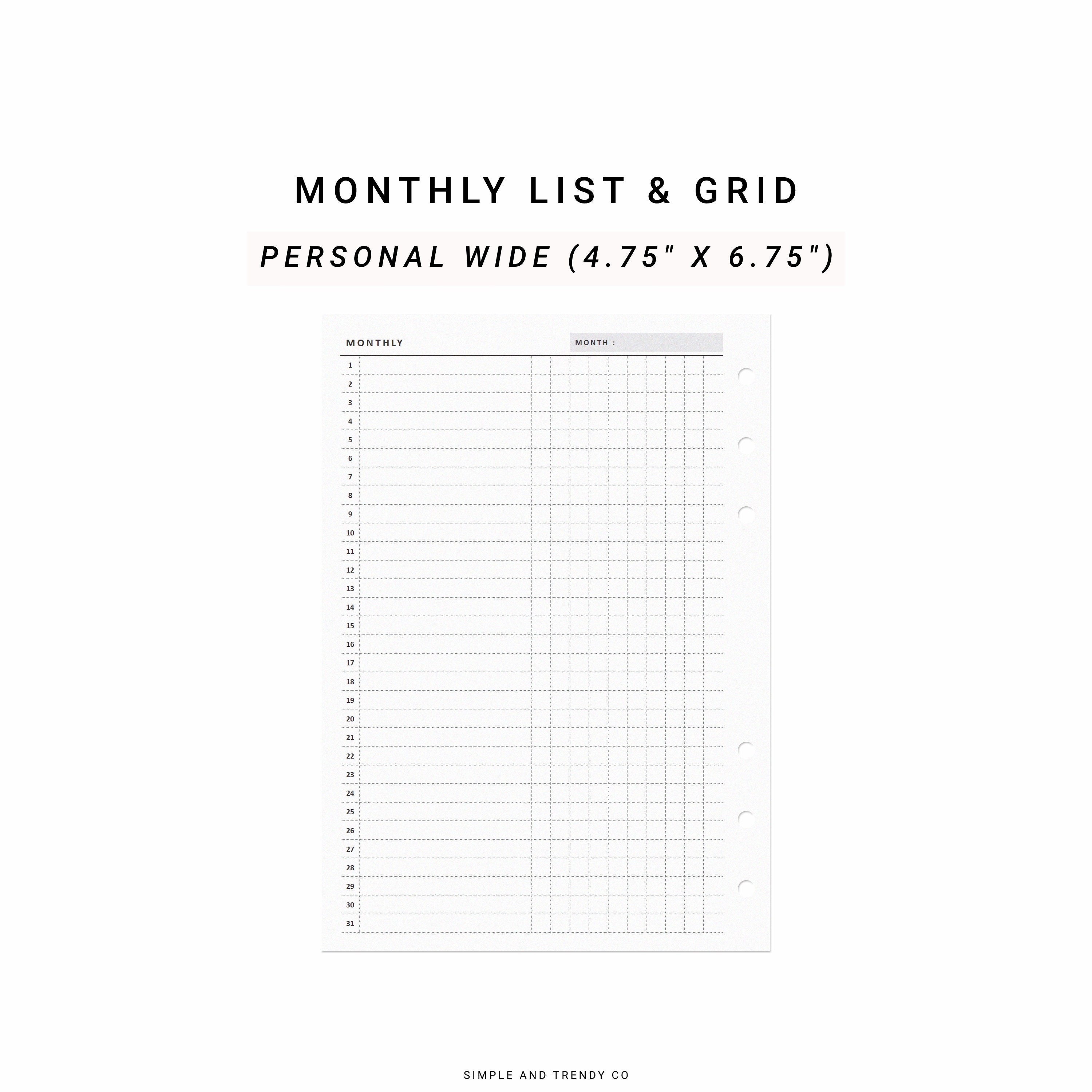 Monthly Overview Personal Wide Monthly List 1-31 Monthly - Etsy