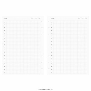 May include: Two white planner pages with a grid layout, featuring a header with the text TODAY and the letters M T W T F S S. Each page includes a vertical hourly schedule from 6 to 12 on the left side and six circular binder holes on the edge.