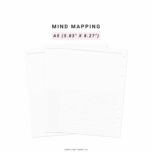 Pode incluir: Três folhas brancas para agenda tamanho A5 medindo 14,8 cm por 21 cm, com layout para mapas mentais. As páginas incluem um cabeçalho, com uma folha de pontos, uma de grade e uma com linhas horizontais.