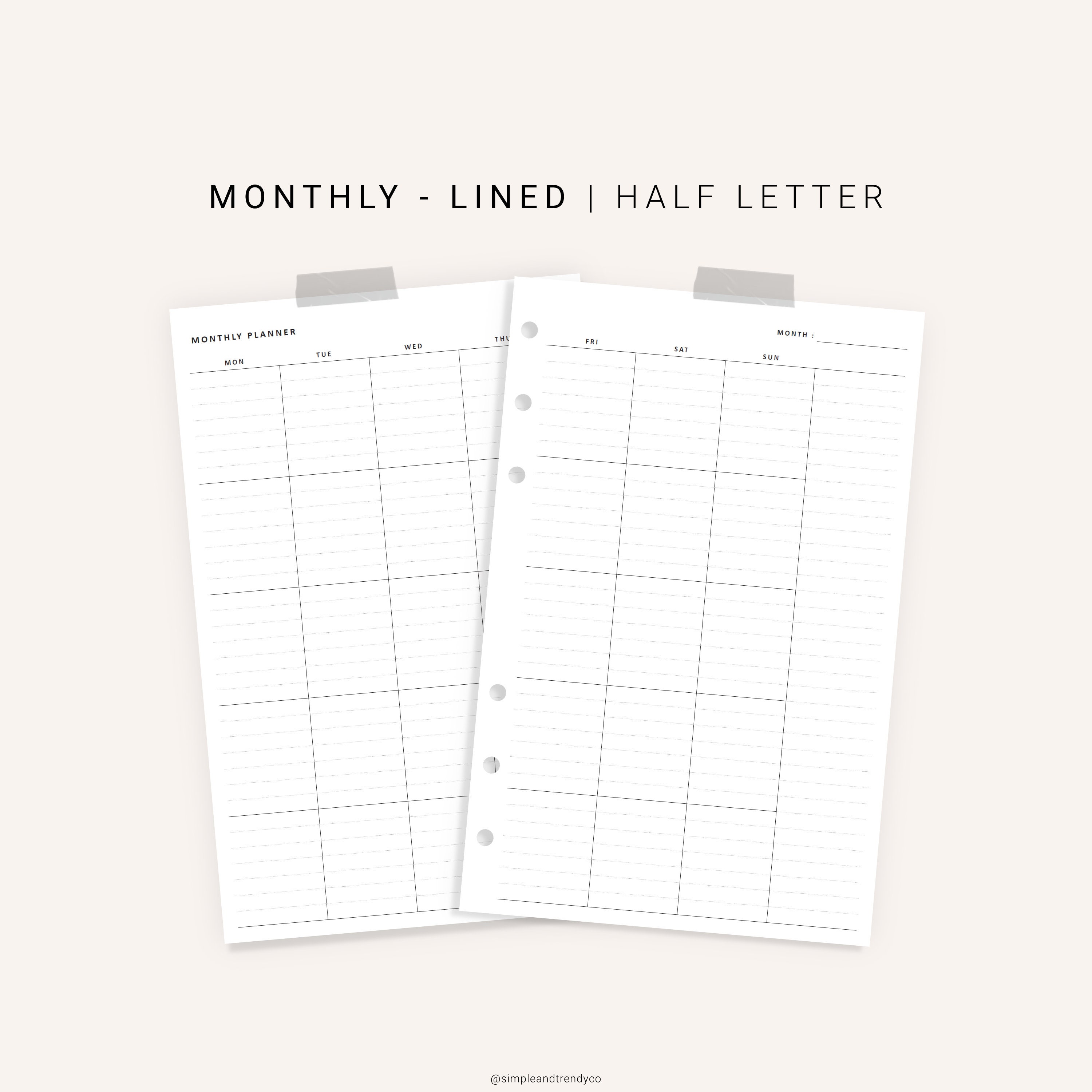 Monthly Planner Printable Minimalist Planner Half size Half | Etsy