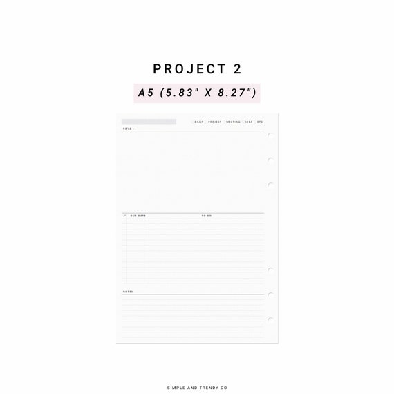 Project Planner A5 Planner Inserts, Printable Daily Planner, Ideas, Meeting, Work Planner, Project Plan