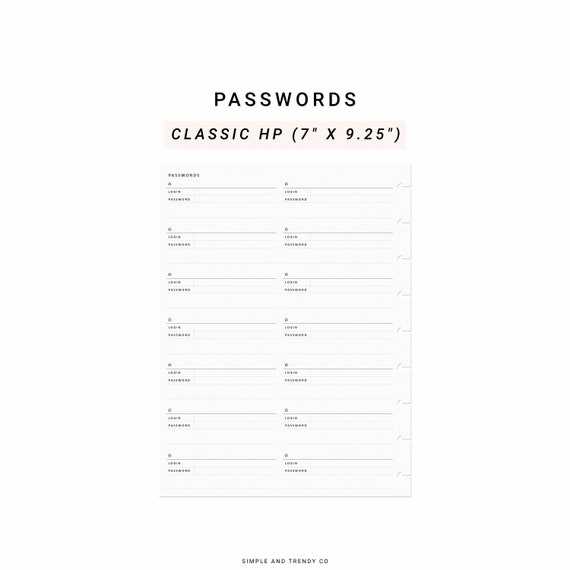 Printable Password Log Happy Planner Classic Password Keeper - Etsy