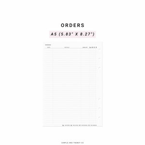 May include: A white printable A5 (5.83" x 8.27") order tracker with columns for date, details, amount, shipped, received, returned, and refunded.