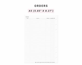 May include: A white printable A5 (5.83" x 8.27") order tracker with columns for date, details, amount, shipped, received, returned, and refunded.