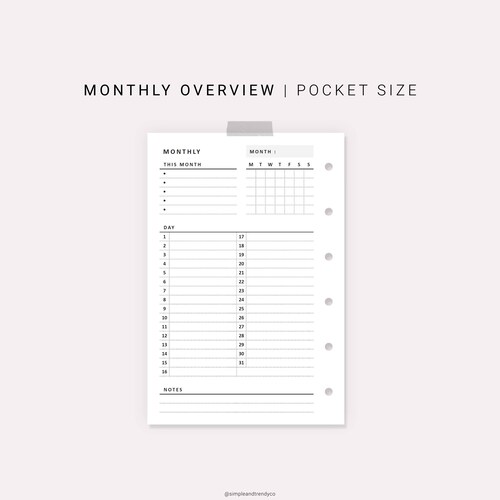 Monthly Overview Printable Pocket Size Month on a Page Month | Etsy