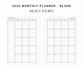2026 Monthly Planner Minimalist Printable, A6 Inserts