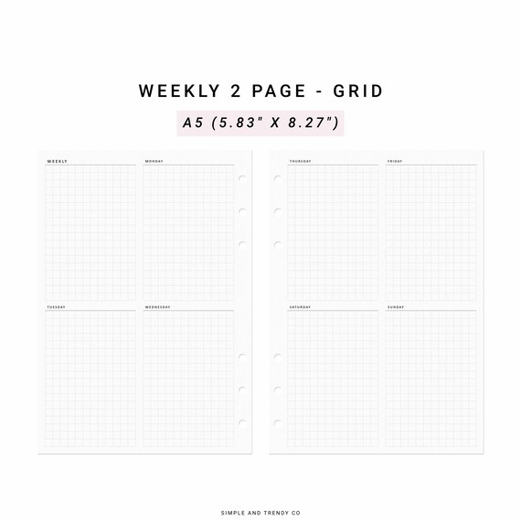 Week on 2 Two Pages A5 Planner Inserts Weekly Agenda - Etsy