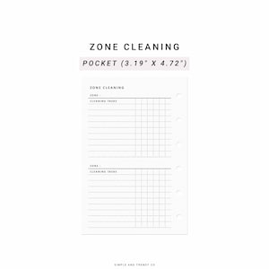 Peut inclure: Une feuille de planning blanche au format poche mesurant 8,1 cm sur 11,99 cm, intitulée ZONE CLEANING. La page comporte deux sections avec des lignes pour les zones et une grille pour les tâches de nettoyage, ainsi que six trous sur le côté droit.