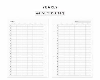 Yearly Vertical Planner 2 Page A6 Inserts, Printable Yearly Overview, Undated Year Planner, Yearly Agenda, Year at a Glance