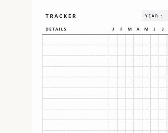 May include: A white paper tracker template featuring a black header with the text TRACKER and YEAR. Below, a table includes a column labeled DETAILS and columns for months abbreviated as J, F, M, A, M, J, J, with a grid layout.