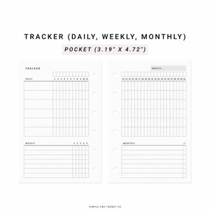 Puede incluir: Una página de planificador imprimible en blanco y negro con secciones para el seguimiento diario, semanal y mensual. La página está diseñada para un planificador de bolsillo, que mide 8,1 cm por 12 cm.