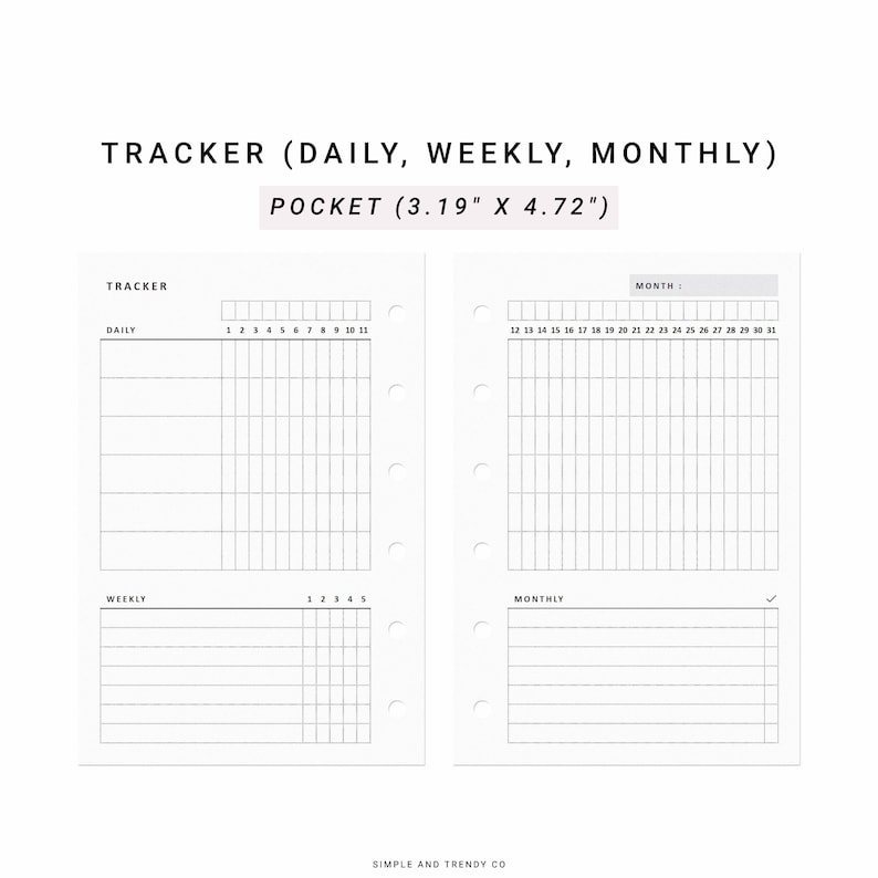 Puede incluir: Una p&aacute;gina de planificador imprimible en blanco y negro con secciones para el seguimiento diario, semanal y mensual. La p&aacute;gina est&aacute; dise&ntilde;ada para un planificador de bolsillo, que mide 8,1 cm por 12 cm.