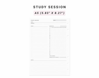 May include: A white A5 study session planner insert measuring 5.83 inches by 8.27 inches. The page features sections for goal, reward, tasks, a time duration grid, total hours, productivity rating, and notes, with six binder holes on the right side.