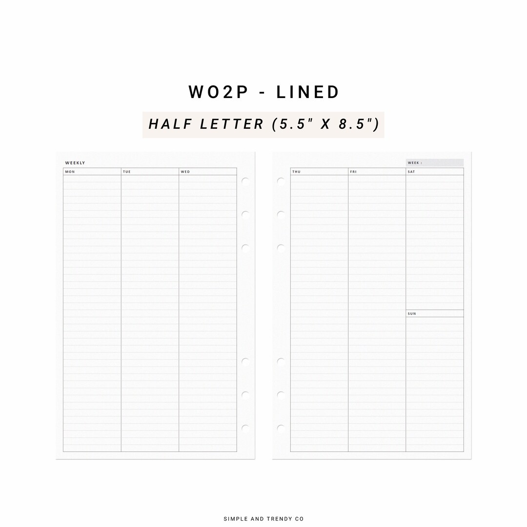 Vertical Weekly Planner Half Size Half Letter Inserts, Weekly Agenda WO2P, Weekly Printable ...