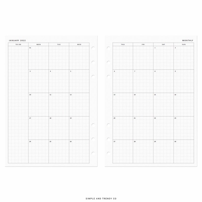 2022 Monthly Planner Minimalist Printable A5 Planner Inserts Etsy