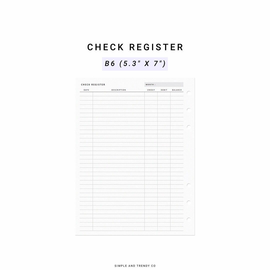 Checking Register B6 Inserts, Checkbook Register, Printable Check Register PDF, Check Registers