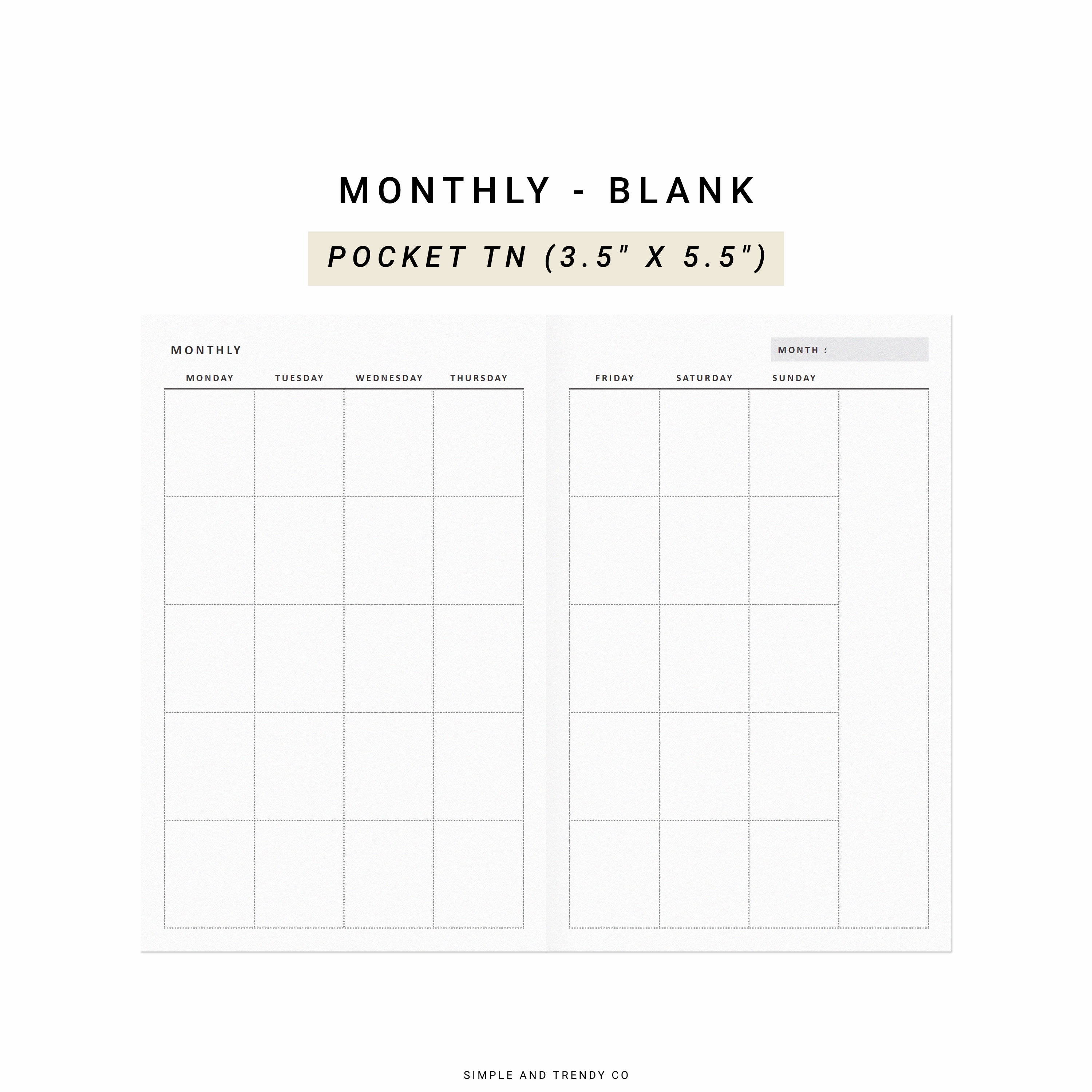 Monthly Planner Printable Minimalist Pocket TN, Undated Month on Two Pages,  Month at a Glance, Field Notes, Traveler's Notebook Insert - Etsy